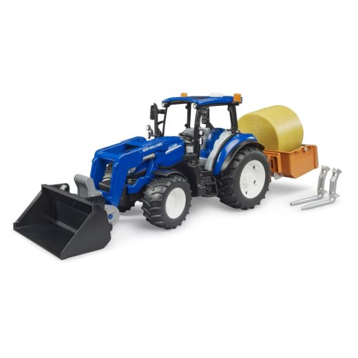 Bruder - Tractor New Holland T5.120 cu incarcator frontal detasabil lada pentru basculat baloti si furci
