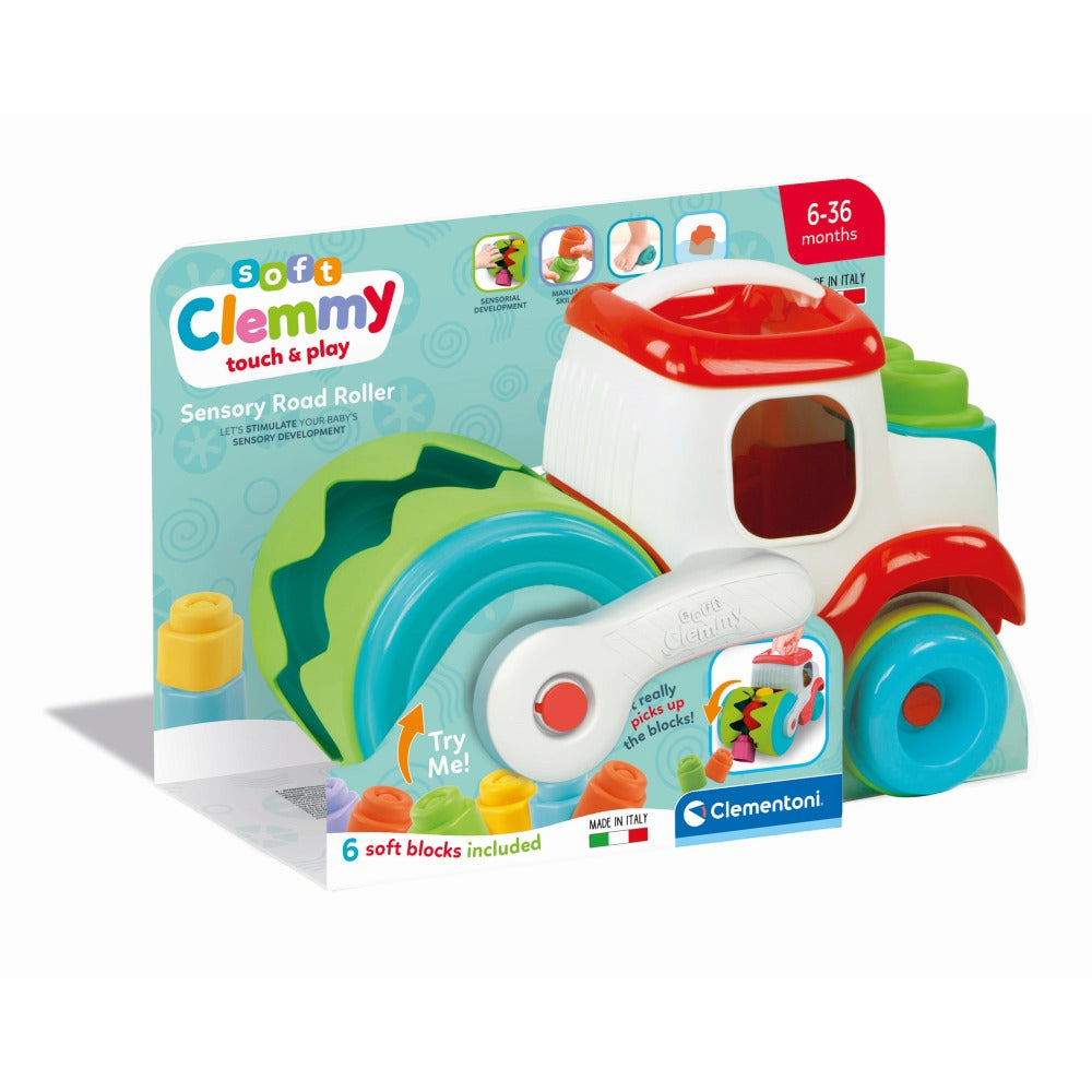 Clementoni - Jucarie educationala Soft Clemmy compactor de cuburi pentru dezvoltarea senzoriala si motorie a copiilor