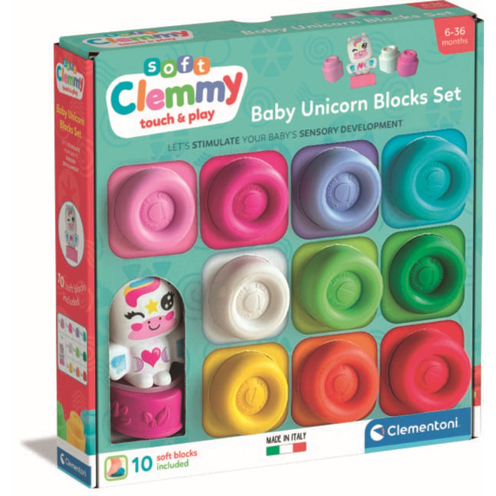 Clementoni - Set de joaca educational Soft Clemmy Unicorn cu 10 cuburi de constructie moi si lavabile
