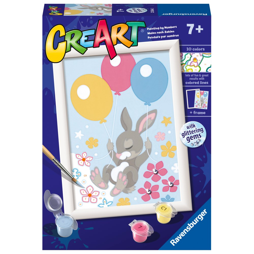 Ravensburger - CreArt pictura pe numere pentru copii iepuras cu baloane si cu pietre sclipitoare