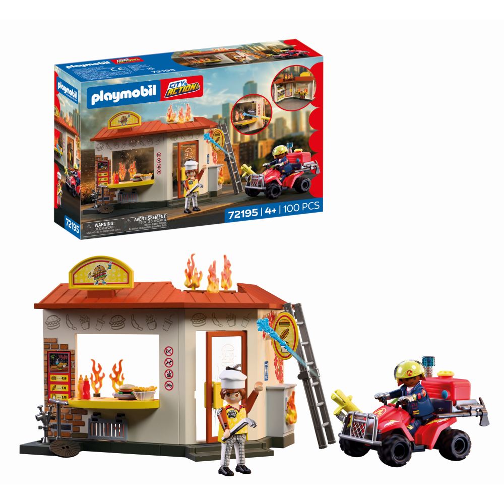 Playmobil - Jucarie de rol ATV de pompieri si fast food