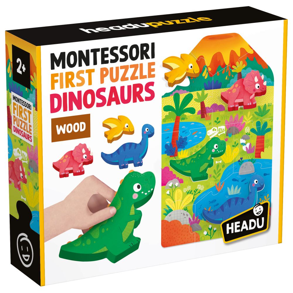 Headu - Montessori primul meu puzzle cu Dinozauri ce include 4 forme din lemn