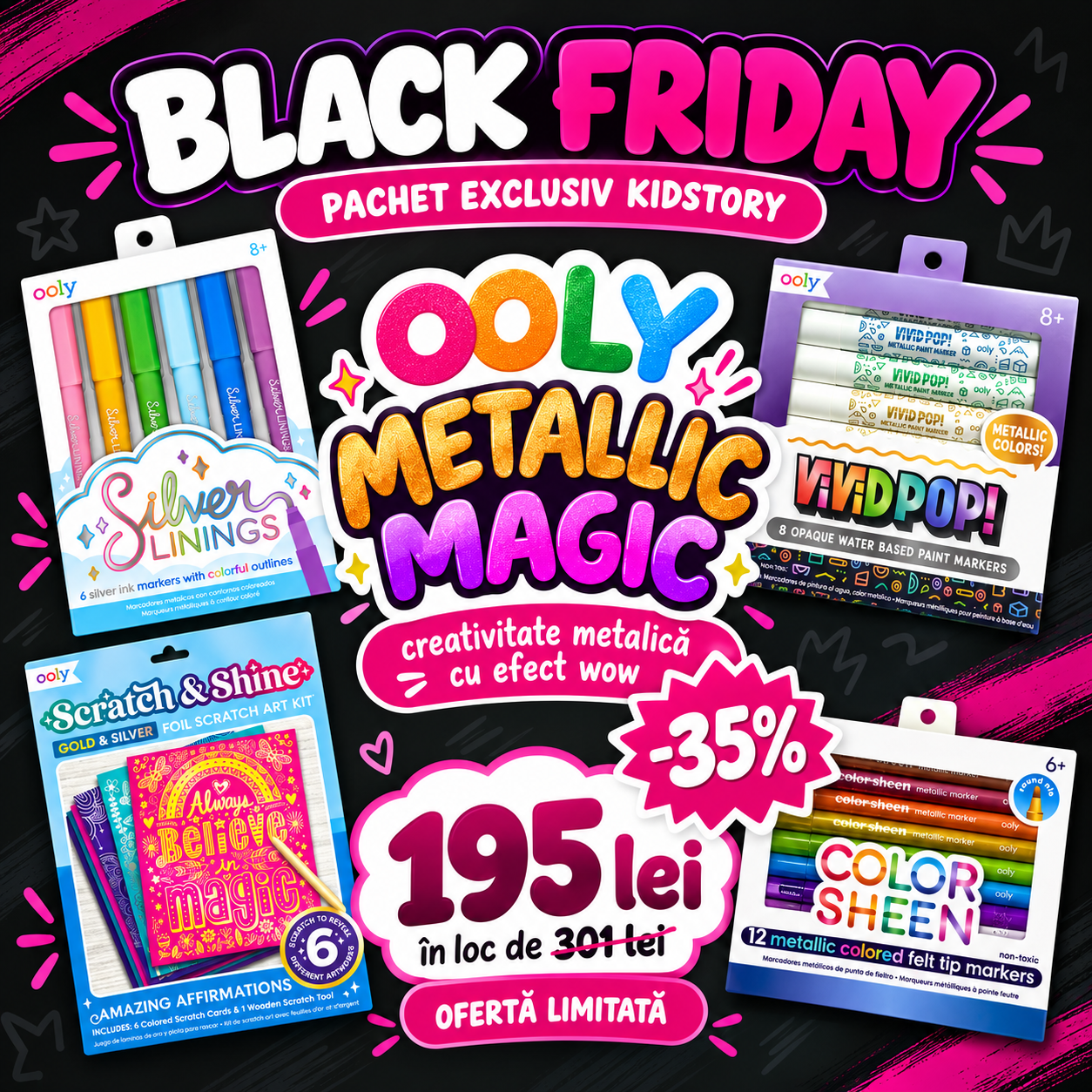 Pachet creativ OOLY Metallic Magic 4 seturi cu efecte metalizate