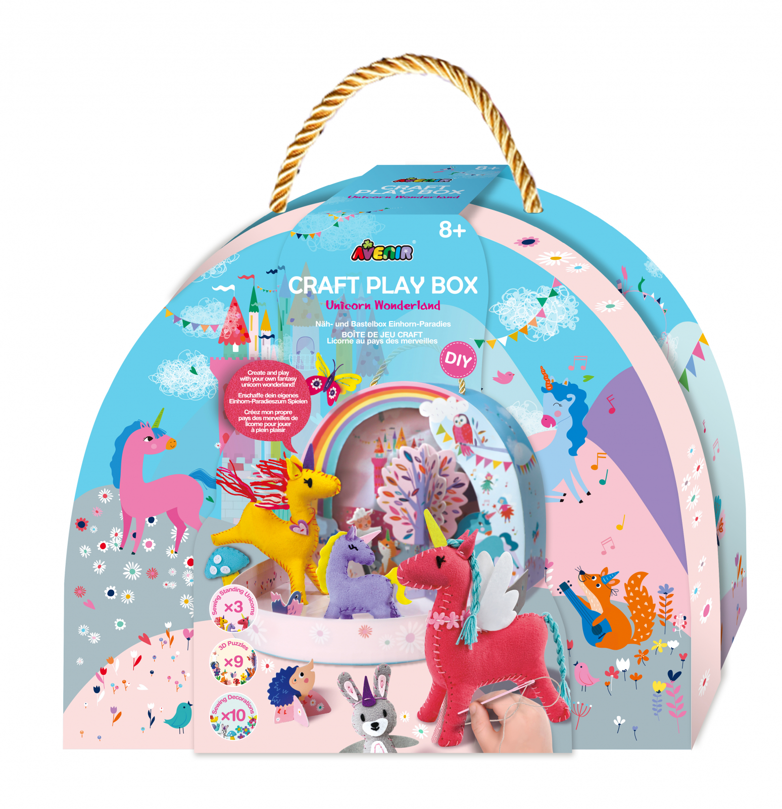 Set creativ DIY portabil – Lumea Fantastica a Unicornilor cu activitati de cusut, construit si joc de rol