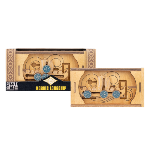Cutie puzzle IQ din lemn cu mecanism secret – Nordic Longship Secret Box
