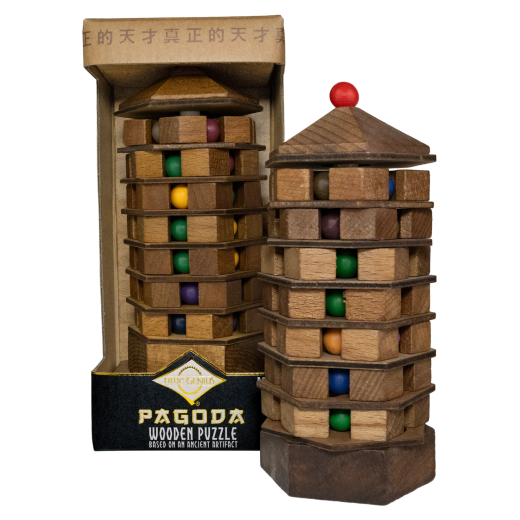 Joc logic IQ 3D din lemn cu bile – Chinese Pagoda