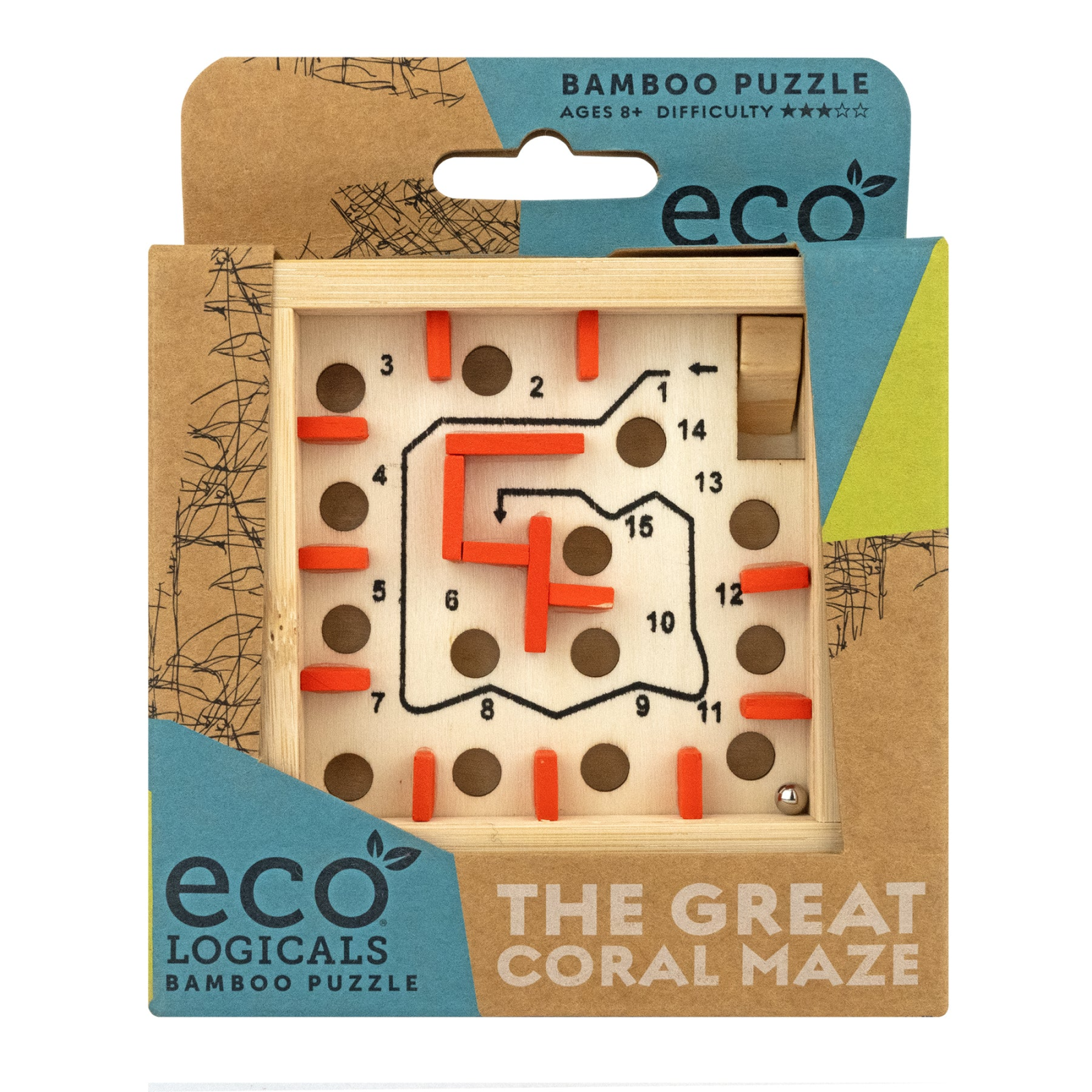 Joc logic IQ labirint din bambus cu bila metalica – The Great Coral Maze
