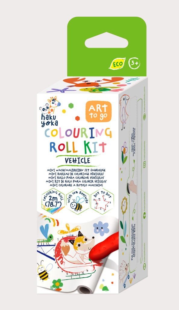 Kit rola de desenat Uneste punctele – 2 m, include 4 creioane colorate cerate, Vehicule – Haku Yoka