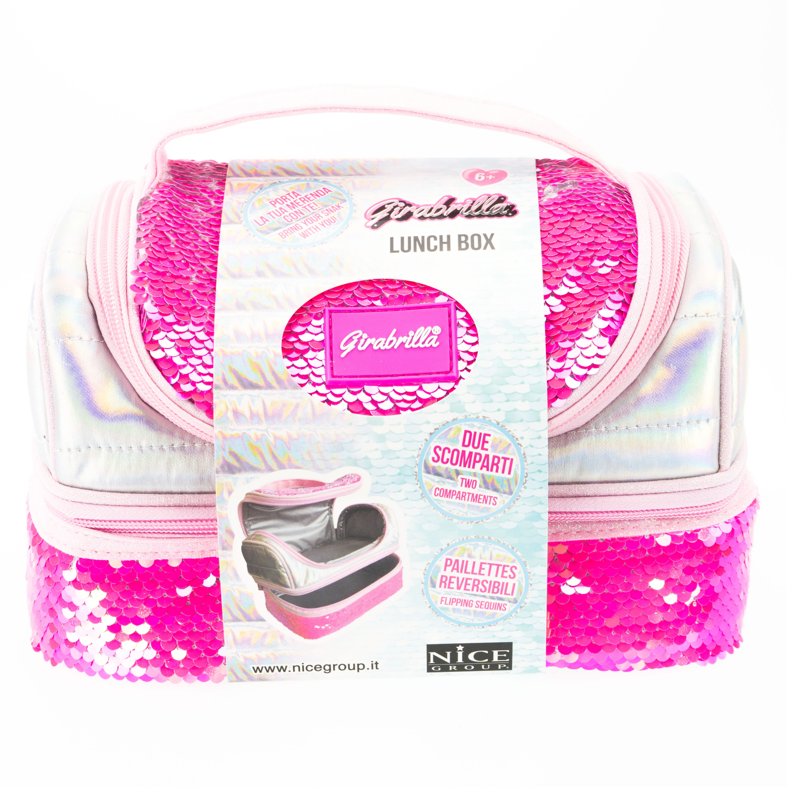 Lunch box Girabrilla cutie termica matlasata cu paiete reversibile si interior impermeabil