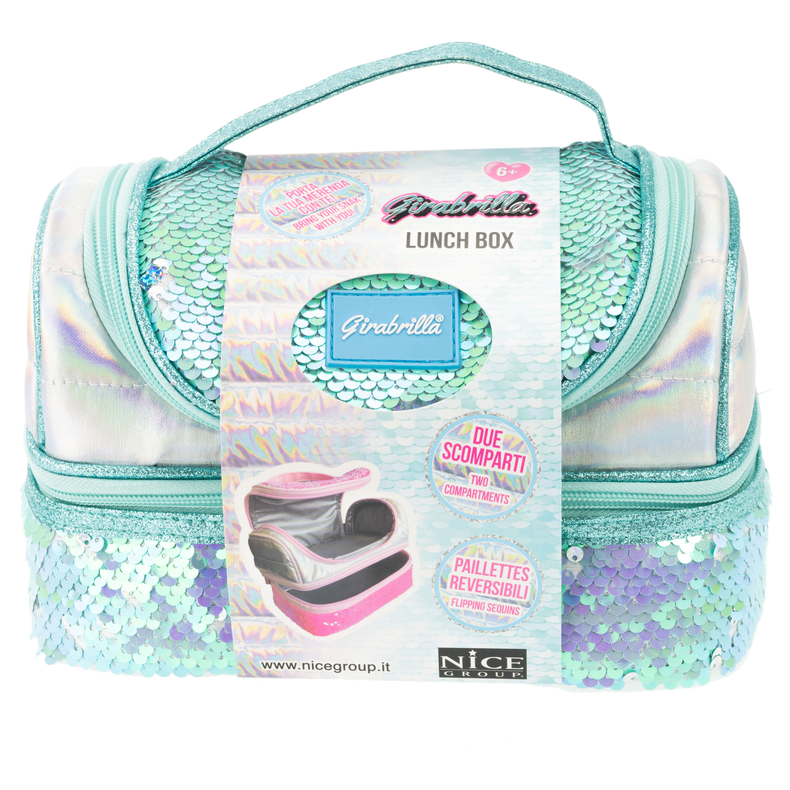 Lunch box Girabrilla cutie termica matlasata cu paiete reversibile si interior impermeabil