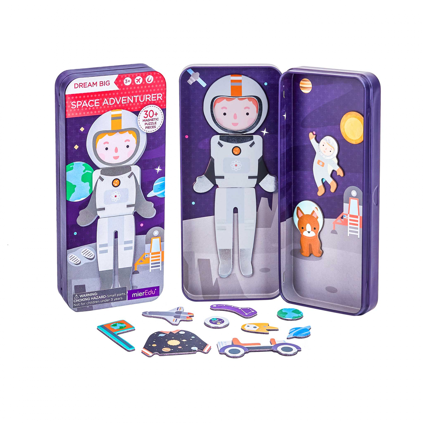 Puzzle magnetic in cutie metalica, joc de potrivire si asociere – Aventurierii Spatiului