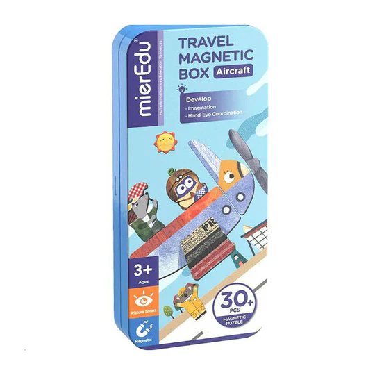 Puzzle magnetic in cutie metalica, joc de potrivire si asociere – Avioane