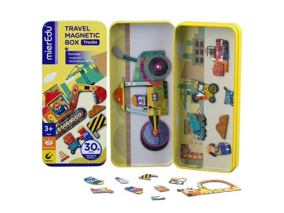 Puzzle magnetic in cutie metalica, joc de potrivire si asociere – Camioane