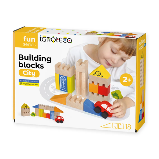 Set blocuri de constructie din lemn – Oras, 18 piese