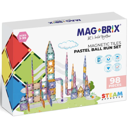 Set magnetic Magblox – 98 piese, circuit cu bile PASTEL – Magbrix Marble Run
