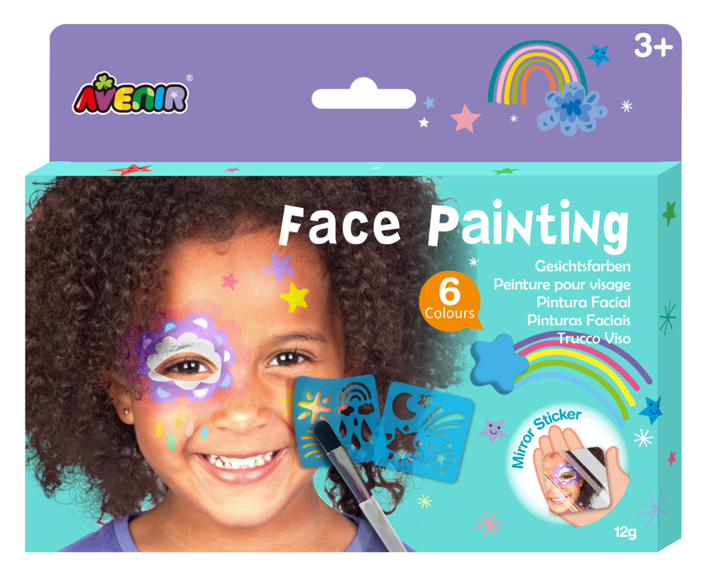 Trusa make-up pictura fata cu sabloane incluse – sase culori non-alergice – curcubeu si stele