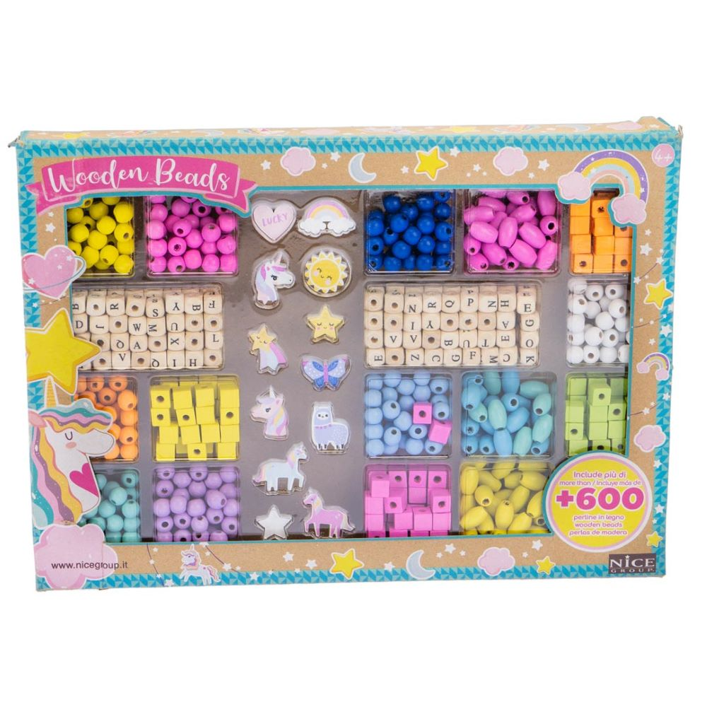 Kit creativ Mega DIY – coliere si bratari cu margele din lemn, 600 piese+